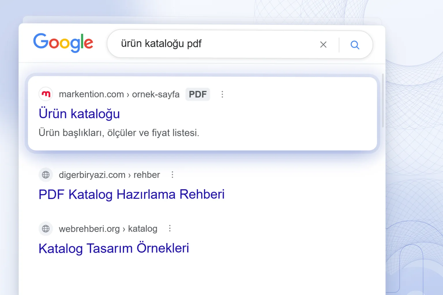 Google sonuç listesinde ilk sırada PDF etiketiyle görünen markention.com katalog dosyası.
