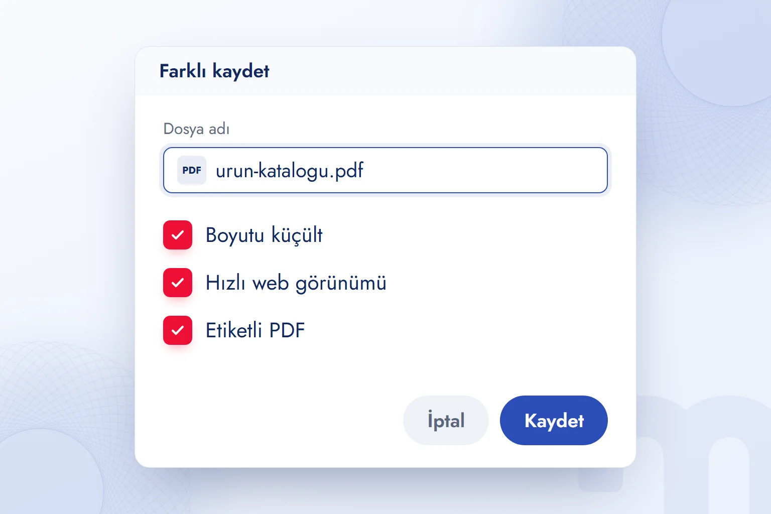 PDF kaydetme penceresinde seçili üç seçenek: boyutu küçült, hızlı web görünümü, etiketli PDF.