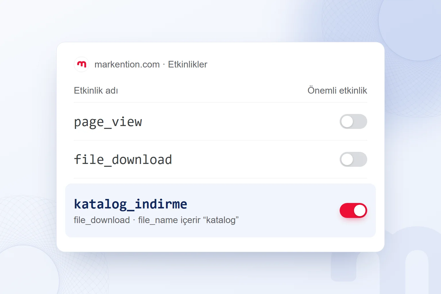 The GA4 event list shows file_download without key event status and the derived katalog_indirme event marked as a key event (interface text in Turkish).
