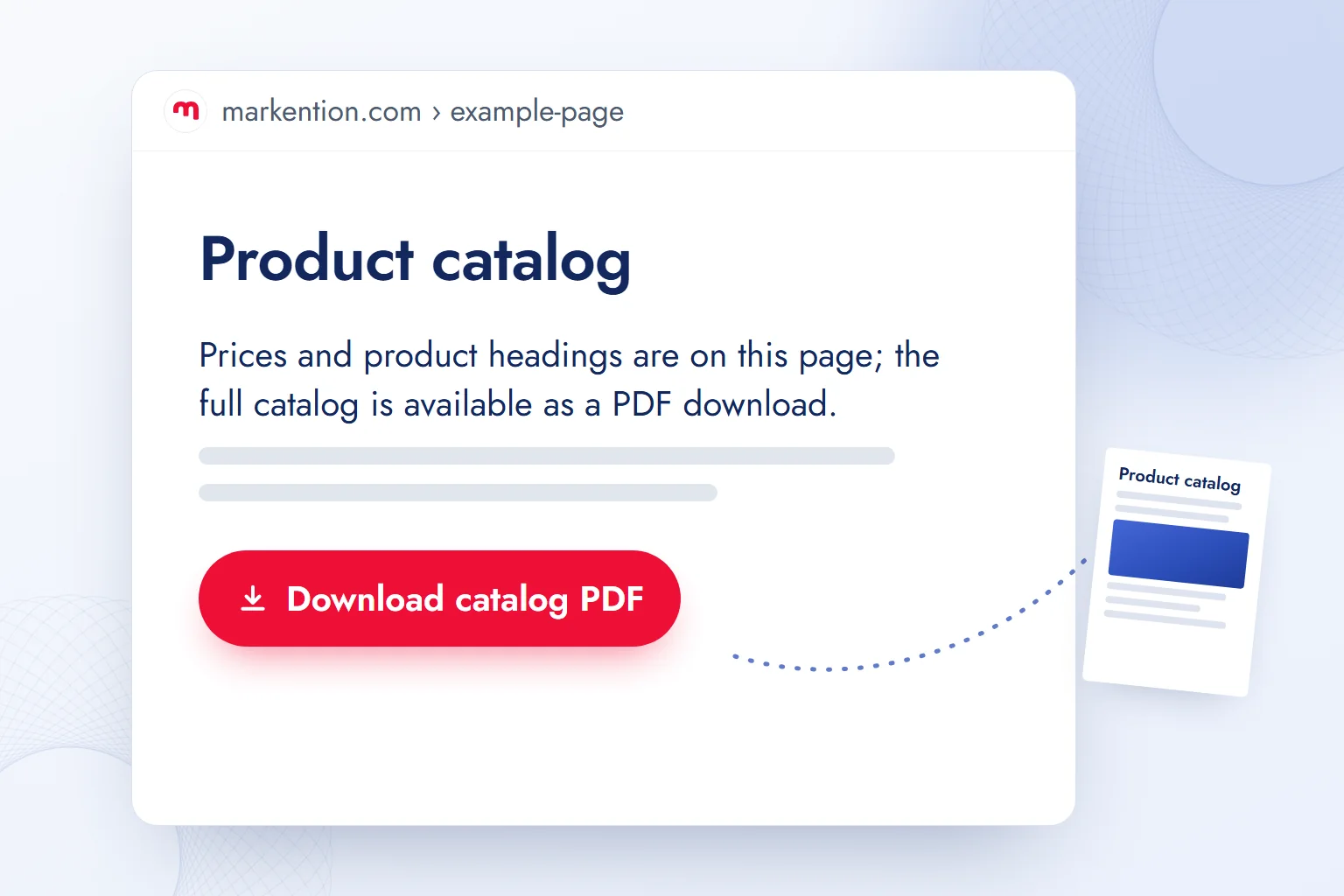 An HTML catalog summary page shows a heading, one sentence and a red “Download catalog PDF” button.