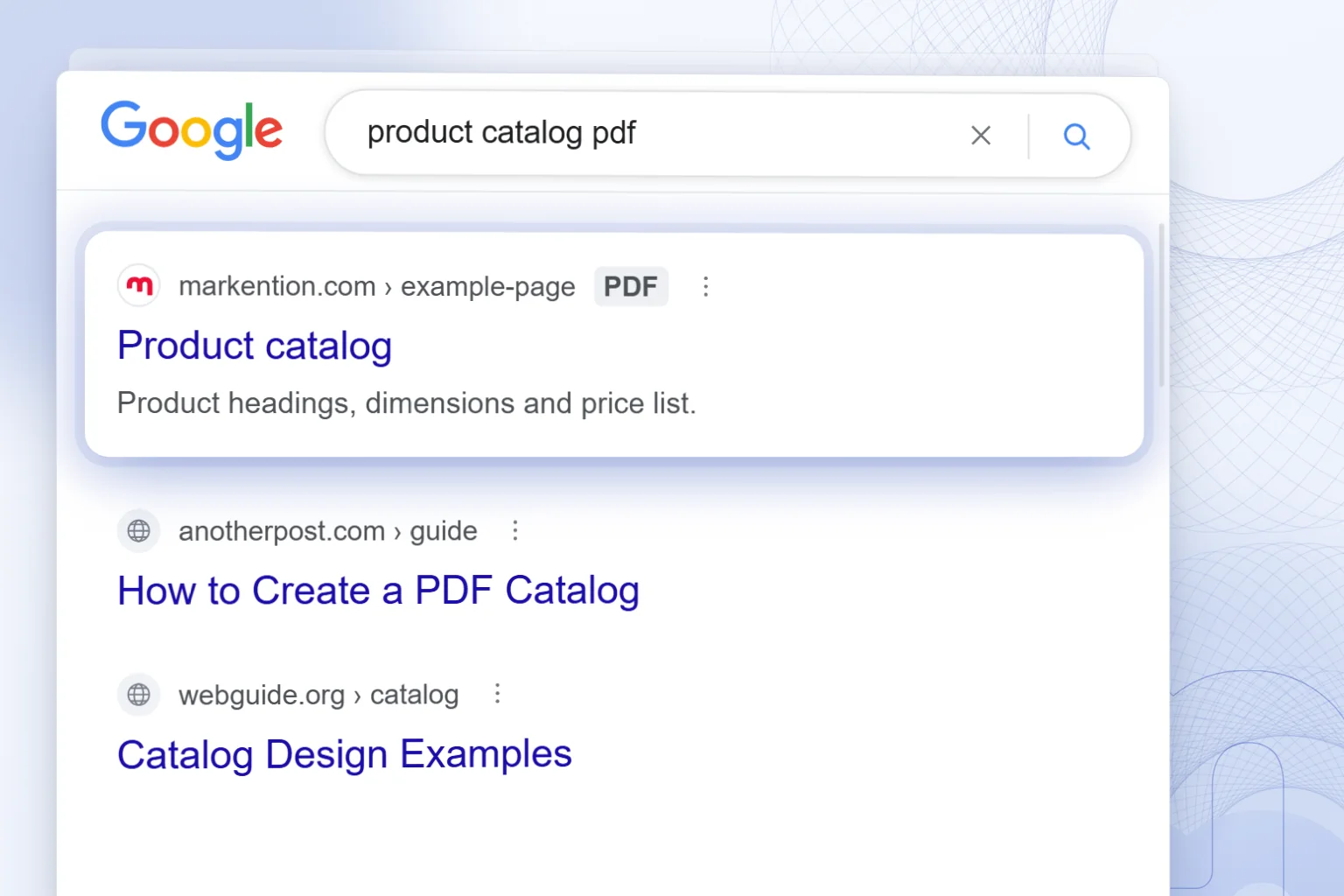 A markention.com catalog file appears first in Google results with a PDF label.