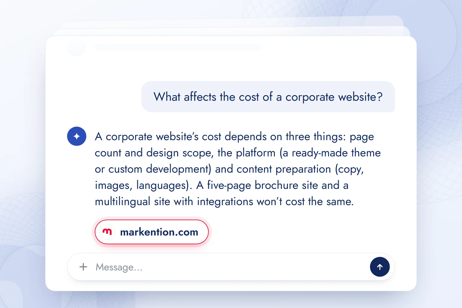 An AI assistant answers “What affects the cost of a corporate website?” with three factors and shows markention.com as the source.