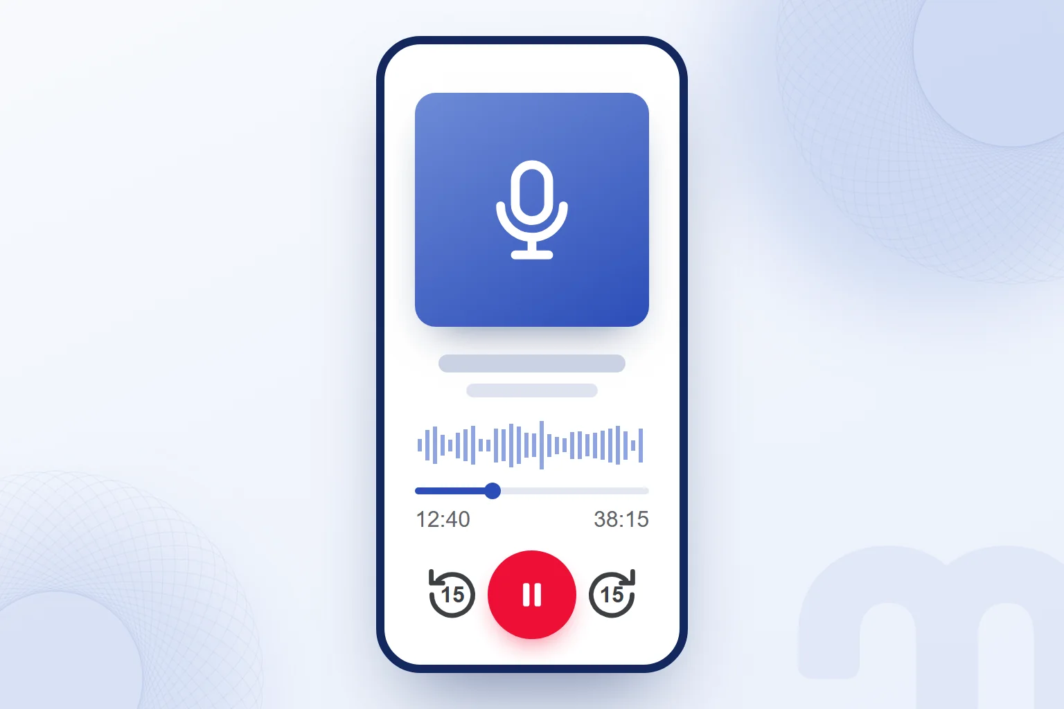 Telefonda podcast oynatıcısı: kapak, ses dalgası, geçen ve toplam süre, kırmızı duraklat düğmesi.