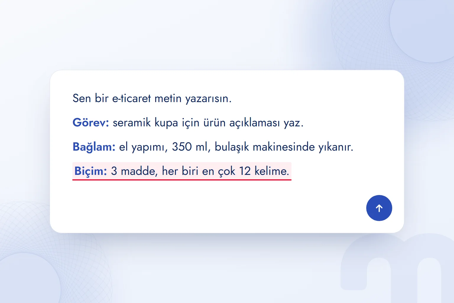 Sohbet giriş alanına yazılmış istem: rol, görev, bağlam ve biçim satırları; biçim satırı vurgulu.