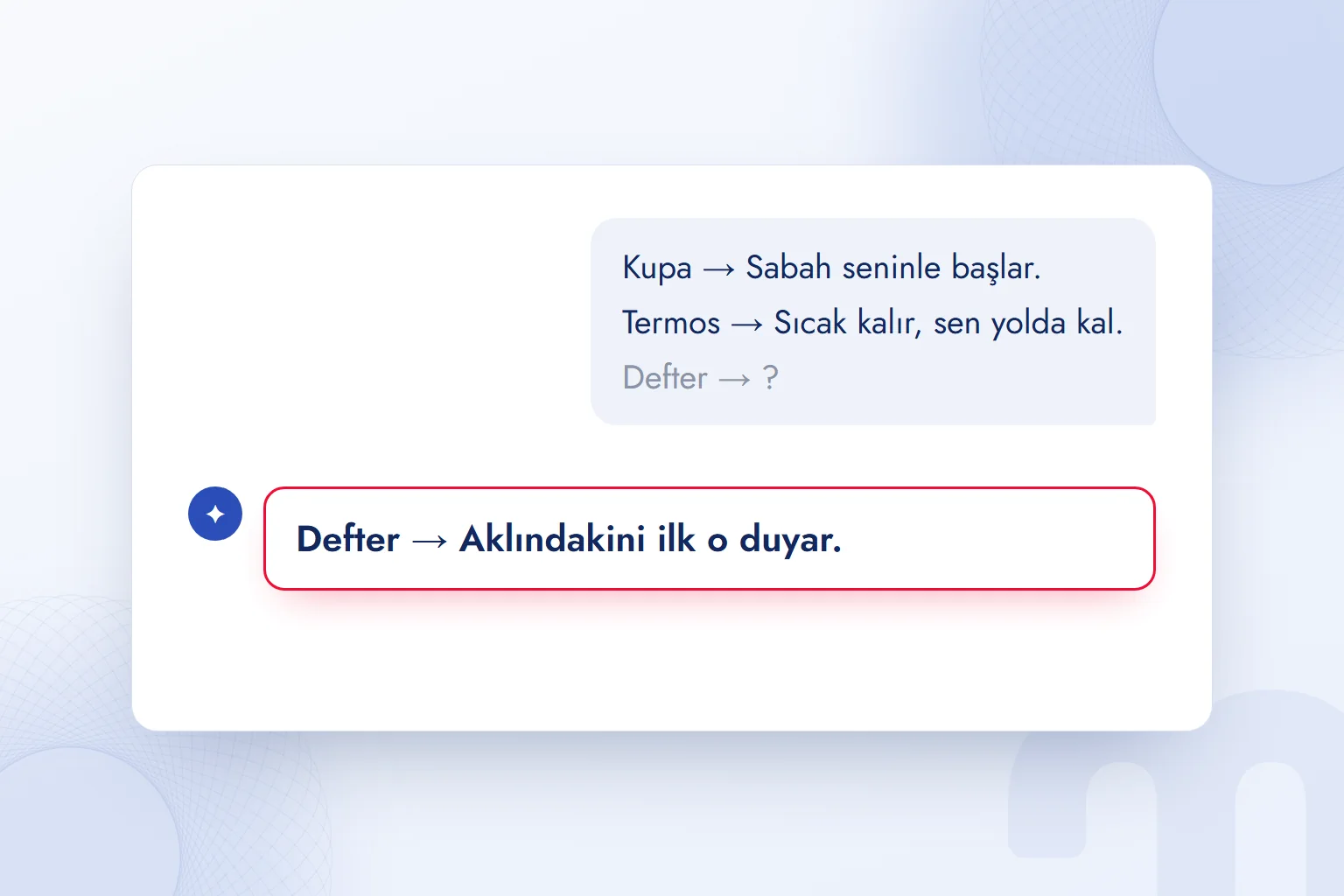 Az örnekli istem: iki örnek slogan ve üçüncü ürün için yapay zekânın yazdığı slogan vurgulu.