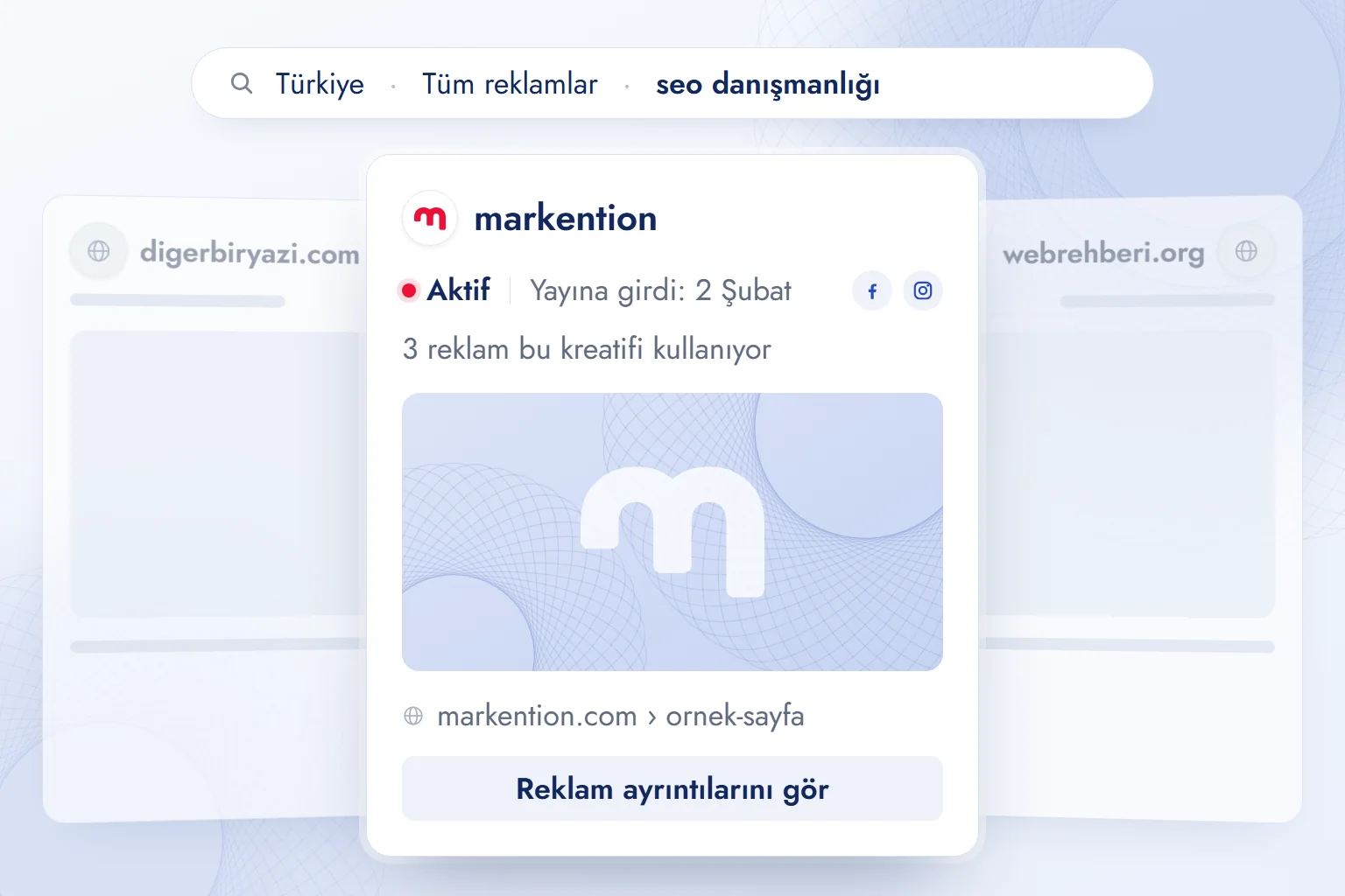 Meta reklam kütüphanesinde tek bir reklam kartı: reklamveren, aktif işareti, yayına giriş tarihi, platform simgeleri ve aynı kreatifi kullanan reklam sayısı.