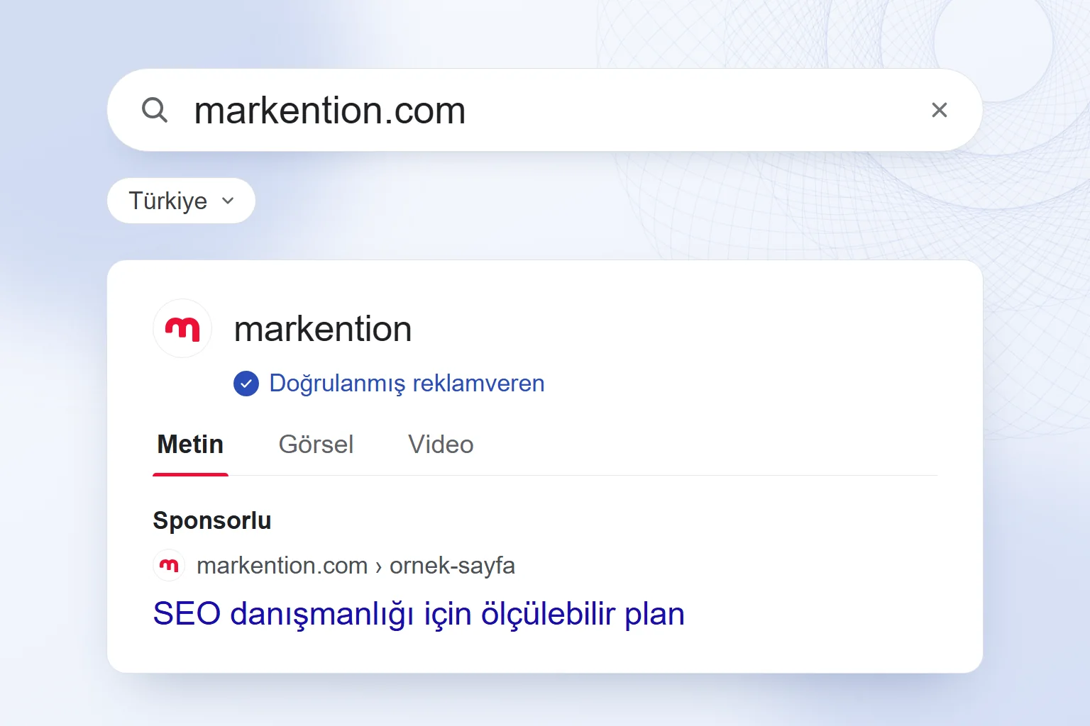 Google Ads Şeffaflık Merkezi’nde alan adıyla arama: doğrulanmış reklamveren kartı ve metin, görsel, video biçim sekmeleri.