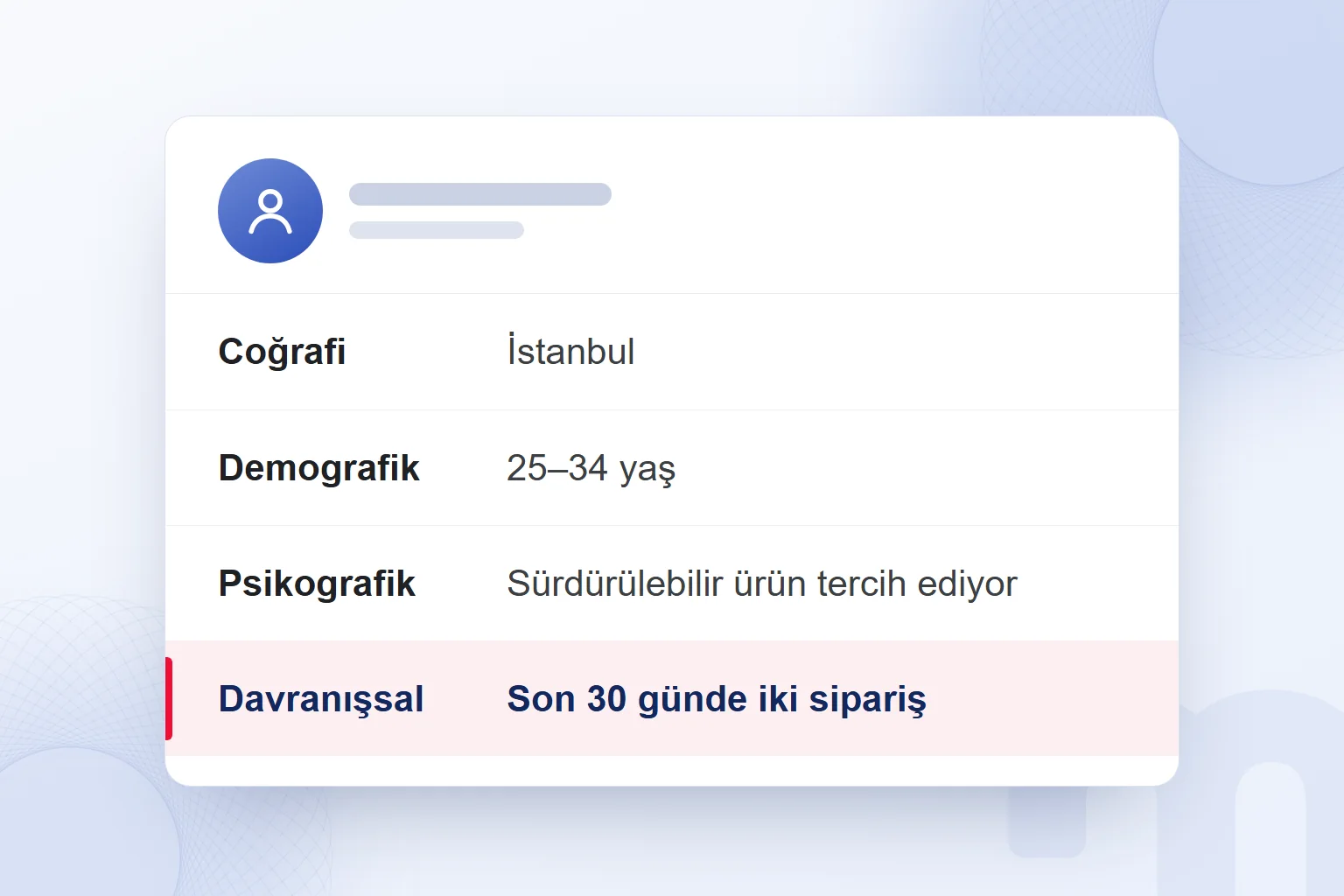 Bir müşteri kartında dört segmentasyon ölçütü; davranışsal ölçüt vurgulu.