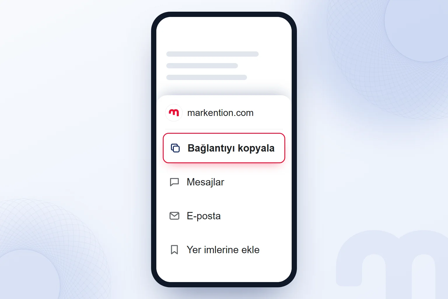 Telefonda paylaş menüsünde “Bağlantıyı kopyala” seçeneği seçili.