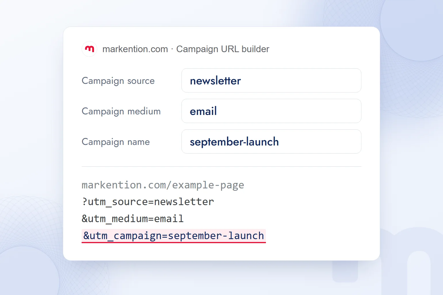 A campaign URL builder shows three completed fields and the generated markention.com link with utm_campaign highlighted.