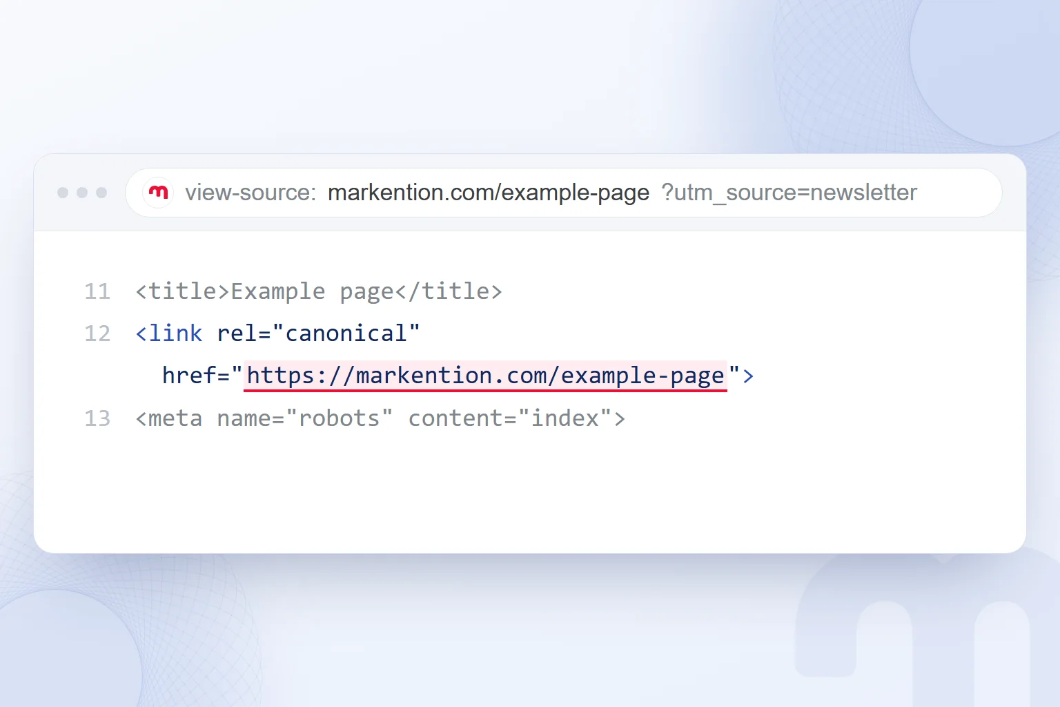 The source view of a parameterized page highlights a canonical tag pointing to the parameter-free markention.com/example-page.
