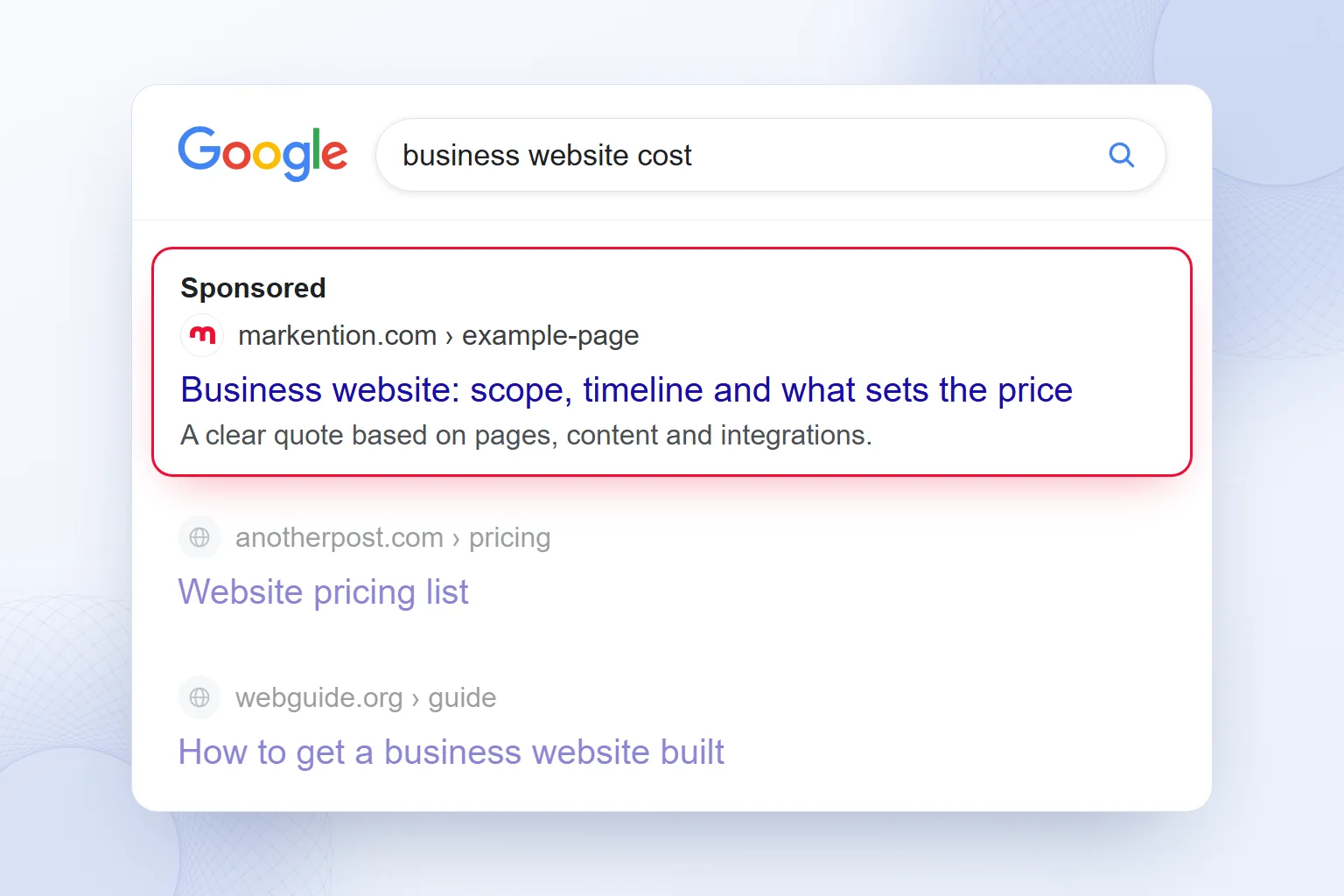 Google results for “business website cost” with a sponsored markention ad at the top.