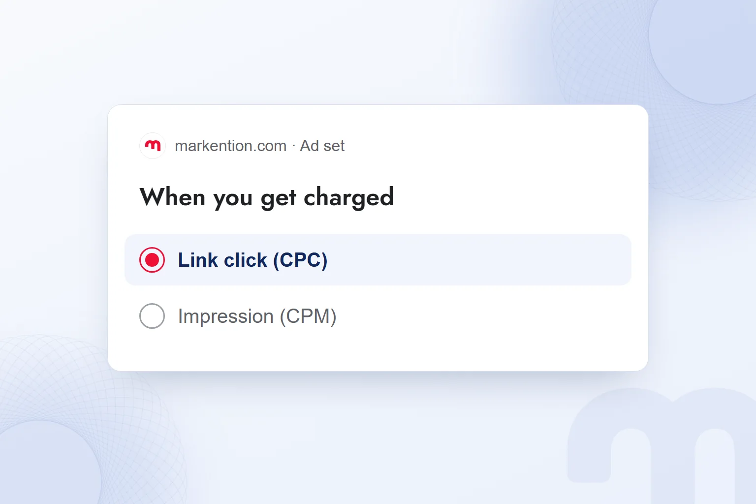 Pricing choice in an ad panel: link click (CPC) selected, impression (CPM) not selected.