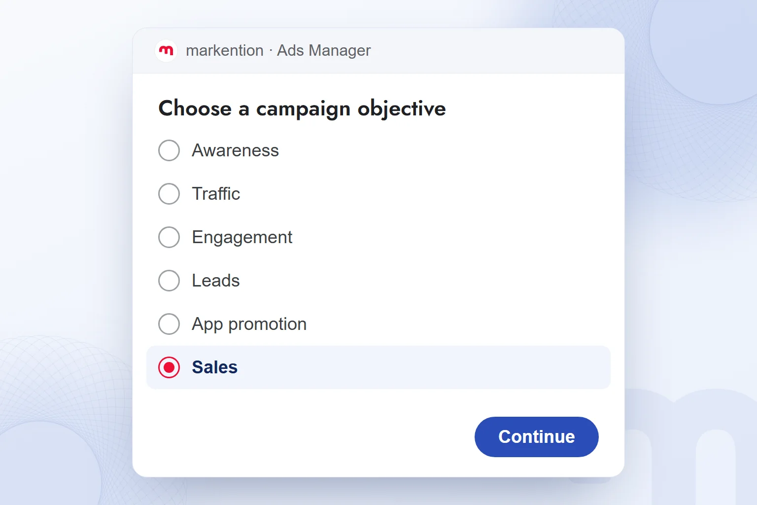 Campaign objective selection in Meta Ads Manager with Sales selected.
