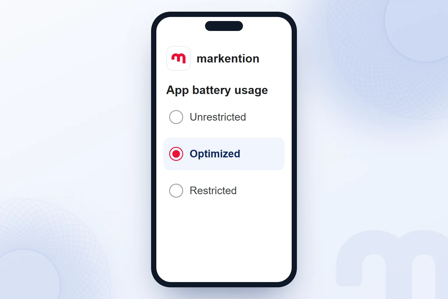 The Android battery setting for an app offers three options, Unrestricted, Optimized and Restricted, with Optimized selected.