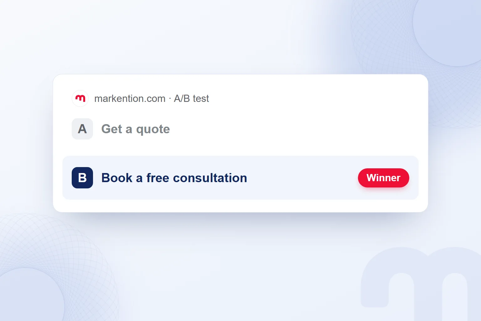 Two button texts in an A/B test, with the “Book a free consultation” version marked as the winner.