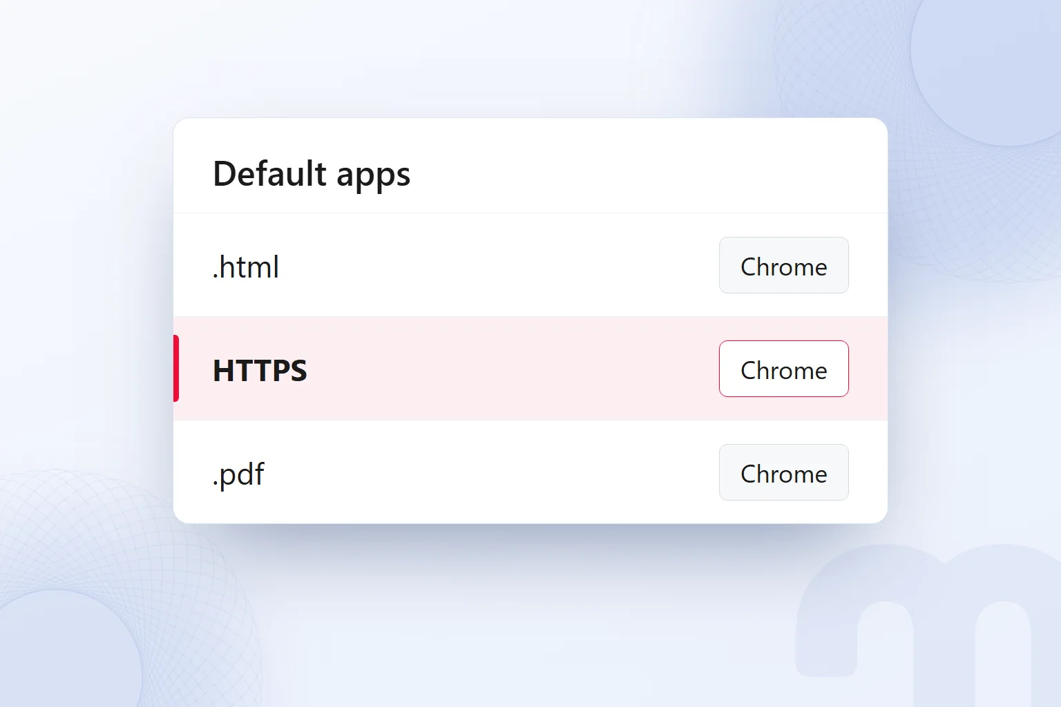 Assigning a browser to a link type on the Windows default apps screen.
