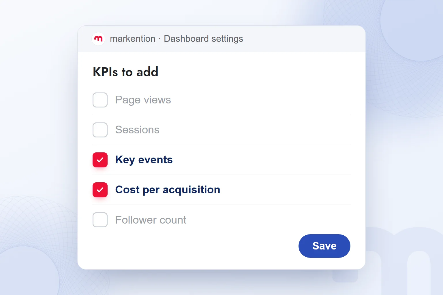 In a list of metrics, two are marked as KPIs: key events and cost per acquisition.