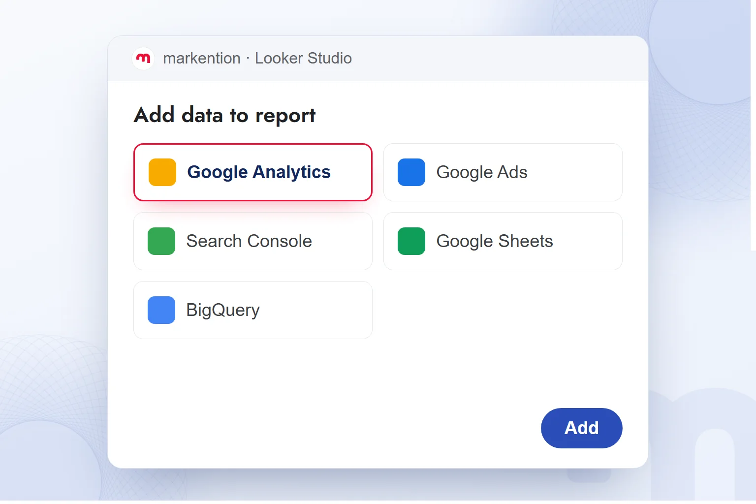 The Looker Studio window for adding data to a report, with the Google Analytics connector selected.