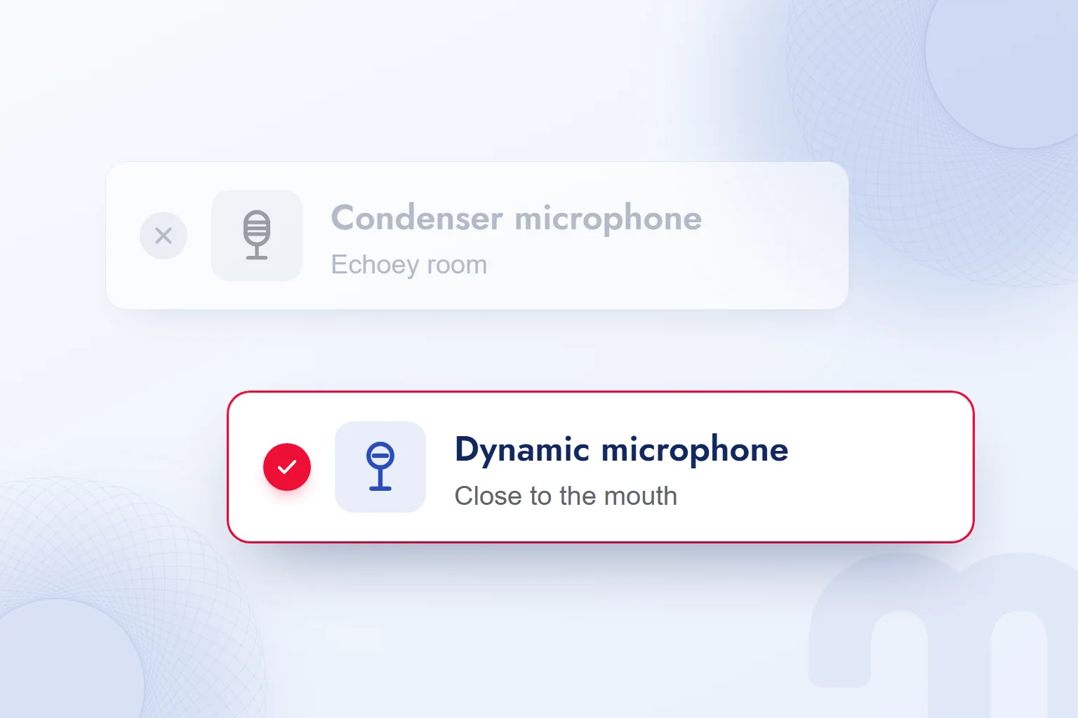 A home recording comparison favors a dynamic microphone close to the mouth over a condenser microphone in an echoey room.
