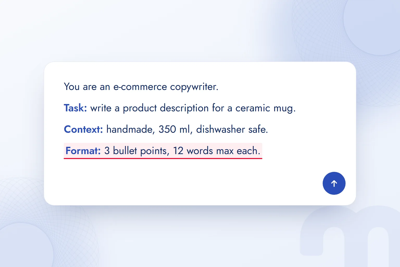 A prompt typed into a chat input box: role, task, context and format lines, with the format line highlighted.