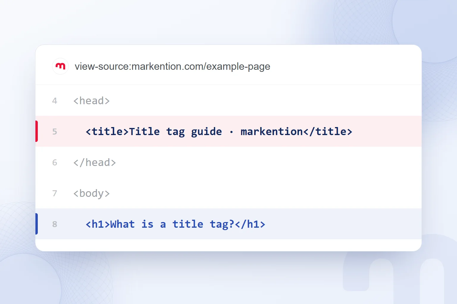 Page source highlights the title element inside head and the H1 element inside body.