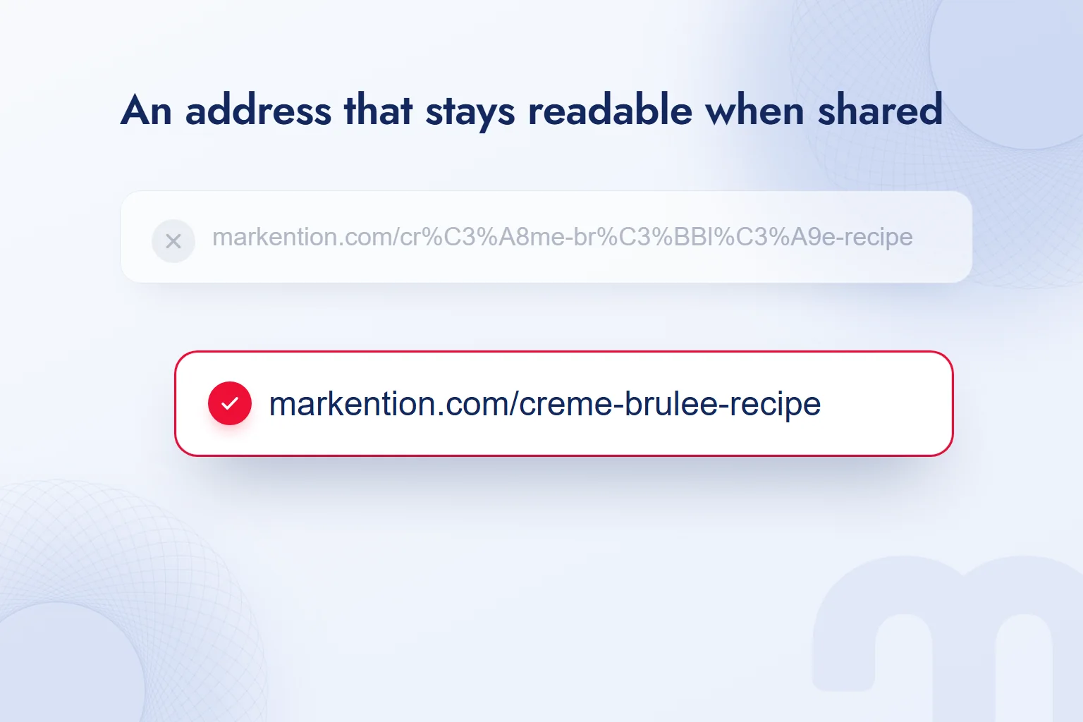 An address with accented letters turns into percent codes when shared, while a plain Latin slug stays readable.