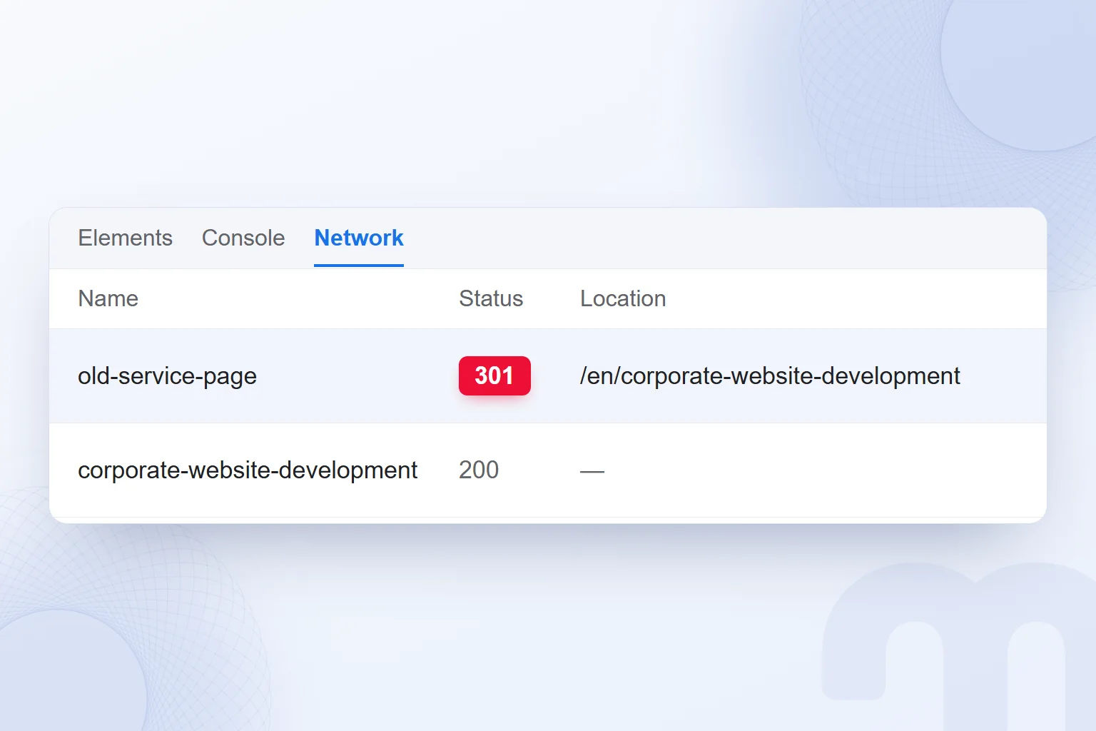 Two rows in a browser network panel showing an old address redirected to the new one with a 301.