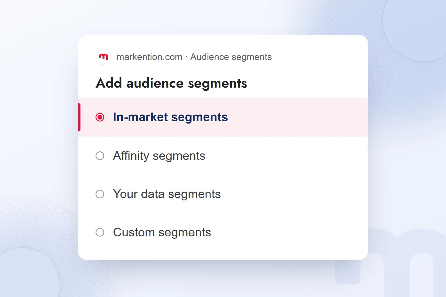 A list of Google Ads audience segment types with in-market segments selected.