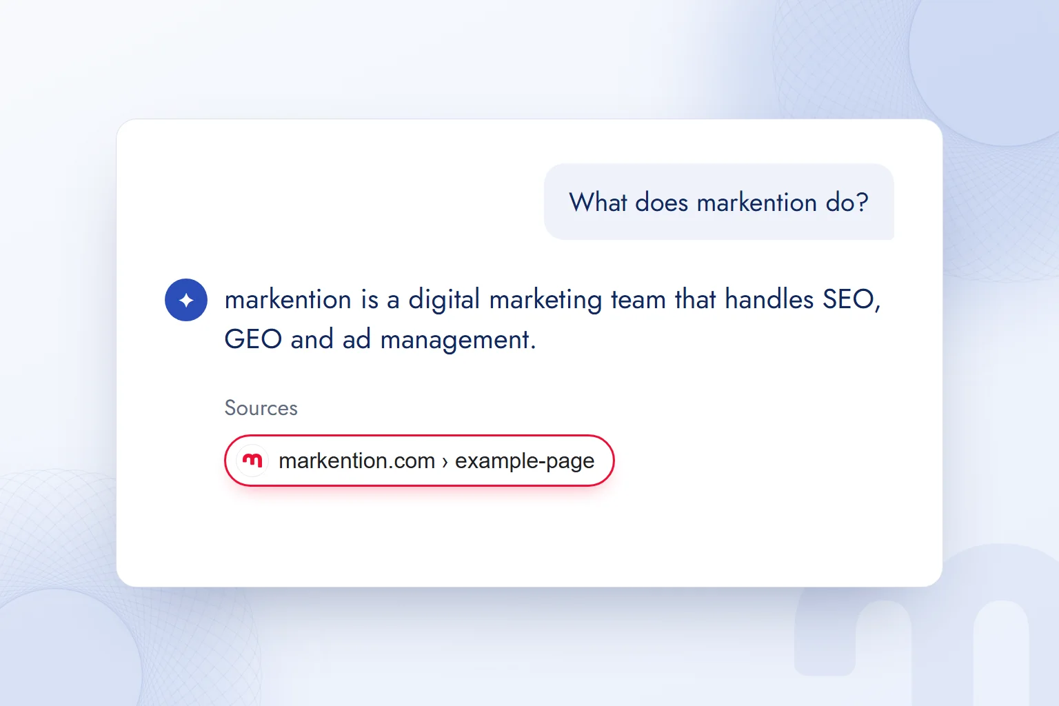 An AI answer describes markention’s services correctly and cites markention.com as the source.