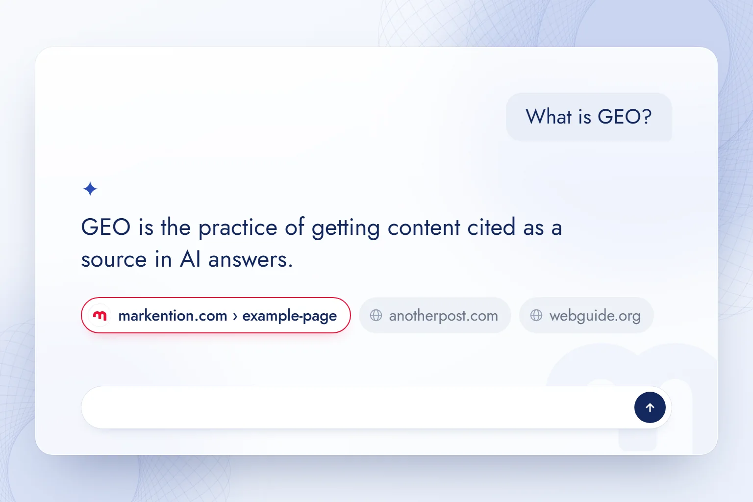 A one-sentence answer to “What is GEO?” in an AI assistant, with markention.com shown as the cited source below it.