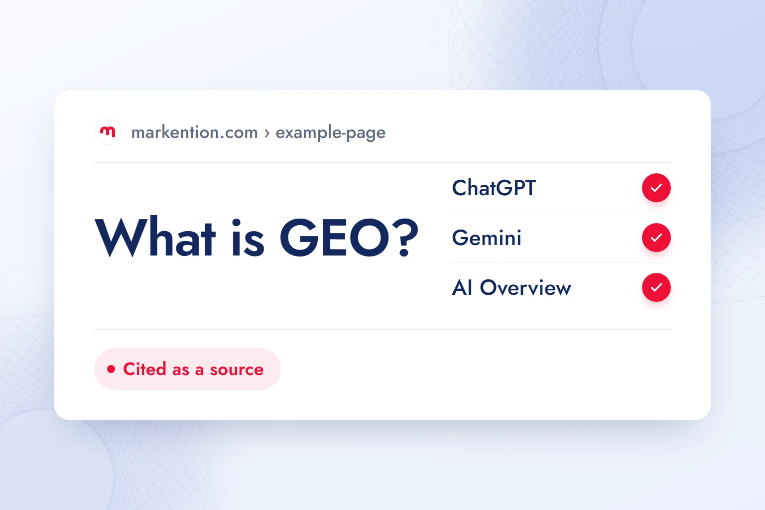A row in a query × engine tracking table where the query “What is GEO?” is cited as a source in all three engines.