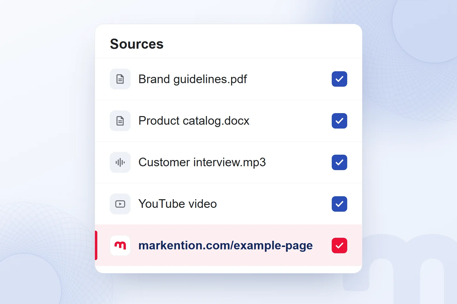 The Sources panel with a PDF, a Word file, an audio file, a YouTube video and a web URL selected.