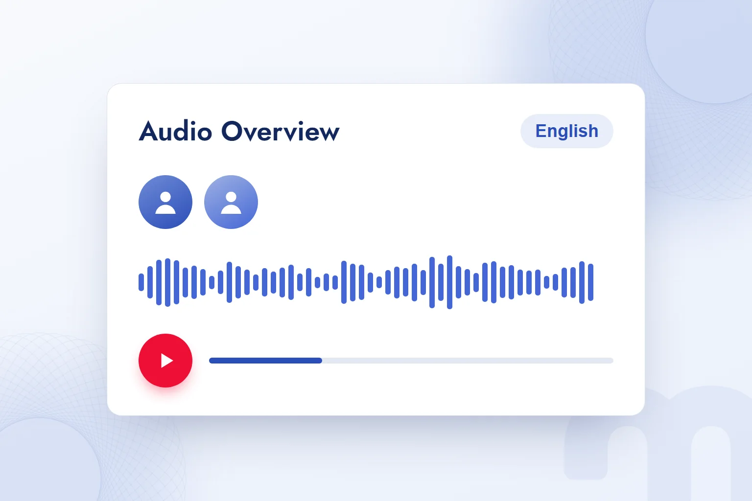 The Audio Overview player with two hosts, a sound wave and English selected.