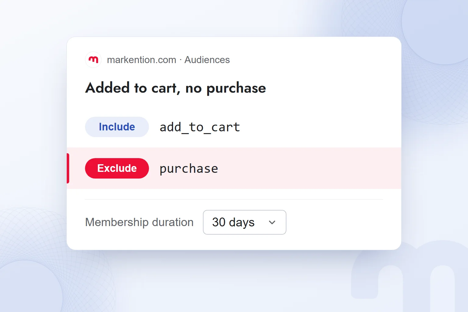 A GA4 audience setup: add_to_cart included, purchase excluded, membership duration 30 days.