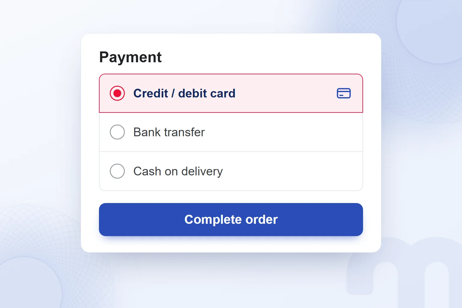 A checkout card with the credit or debit card option selected, and bank transfer and cash on delivery below it.