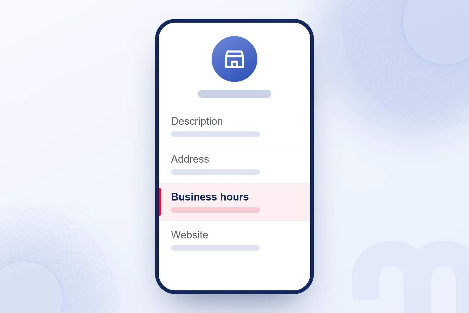 A WhatsApp Business profile with the business name and the description, address, business hours and website rows.