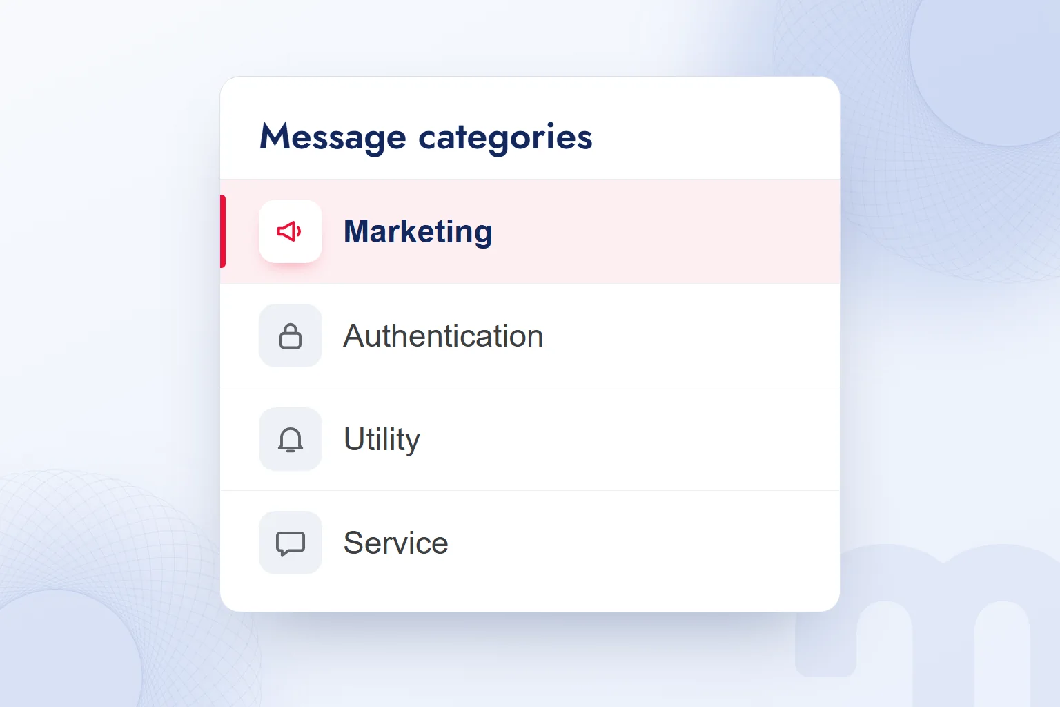 WhatsApp Business Platform message categories, with marketing highlighted above authentication, utility and service.