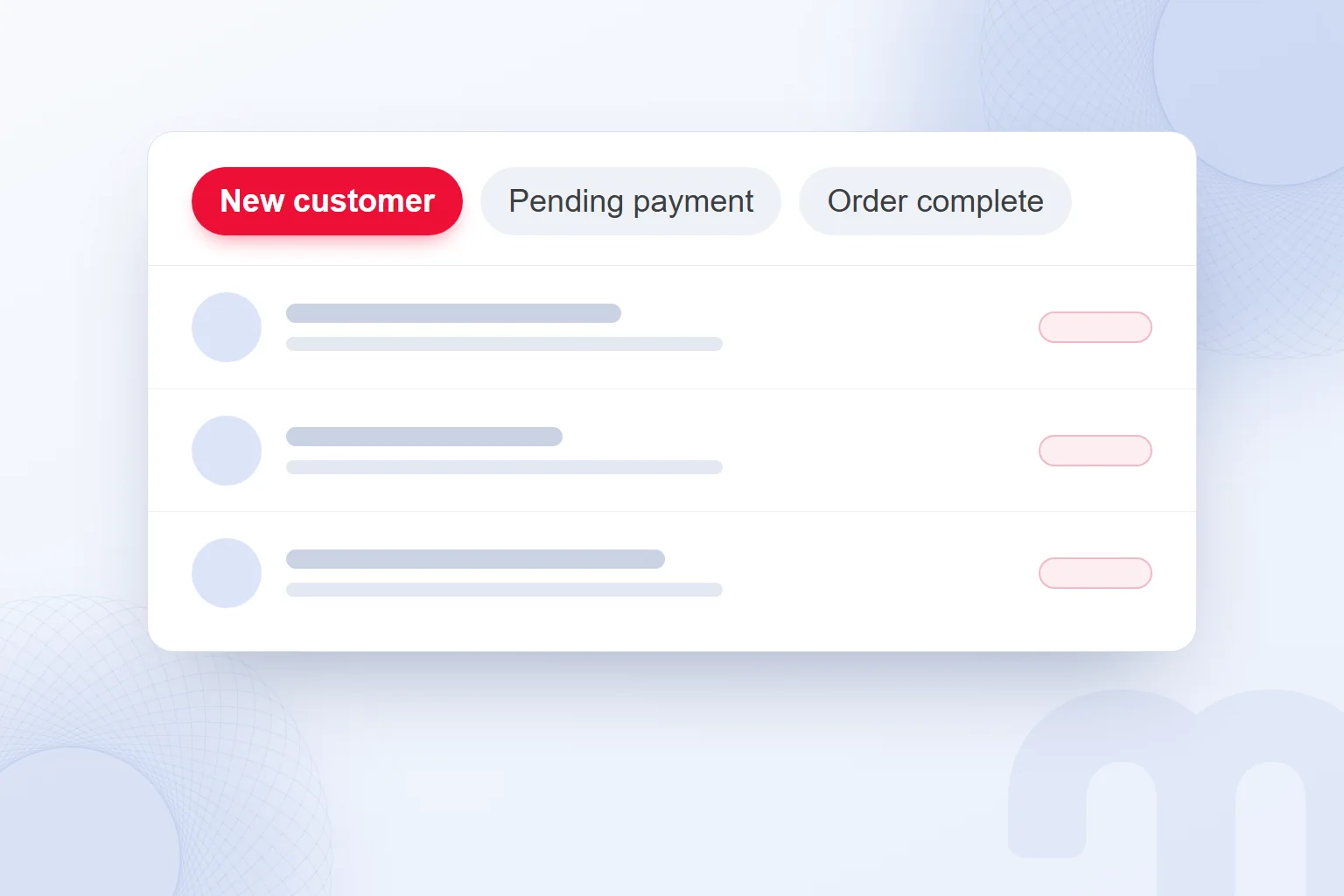 Labels on a chat list: new customer, pending payment and order complete, with one label selected.