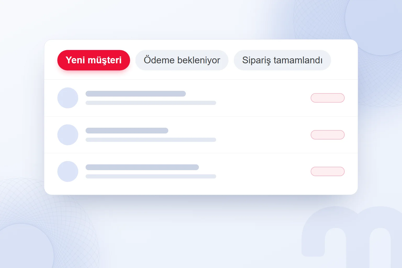 Sohbet listesinde etiketler: yeni müşteri, ödeme bekleniyor, sipariş tamamlandı; bir etiket seçili.