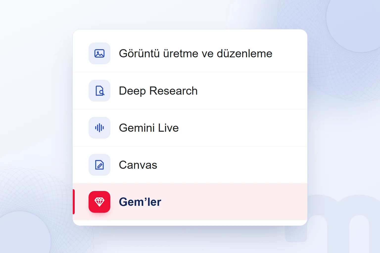 Gemini’nin ücretsiz planındaki özellikler; Gem’ler vurgulu.