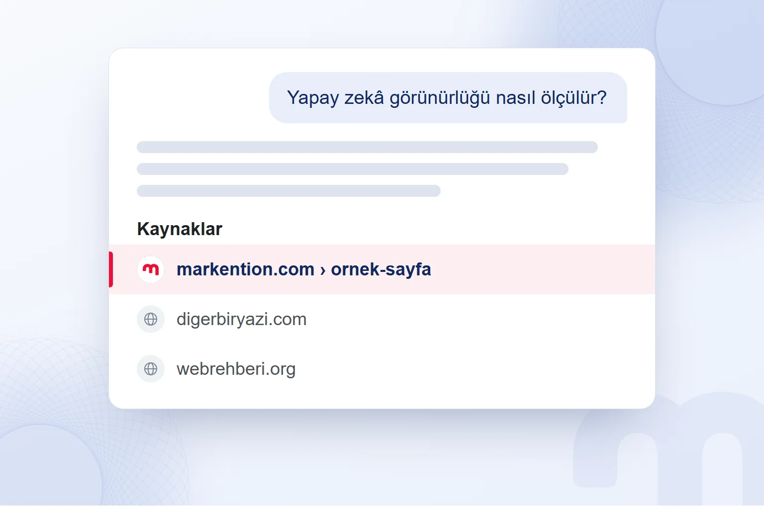 Yapay zekâ yanıtında kaynak çipleri; markention.com kaynağı vurgulu.