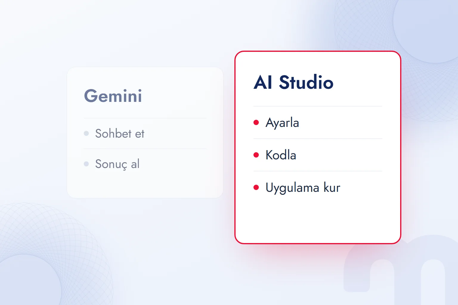 Gemini uygulaması ile Google AI Studio karşılaştırması: sohbet asistanı ve geliştirme ortamı.