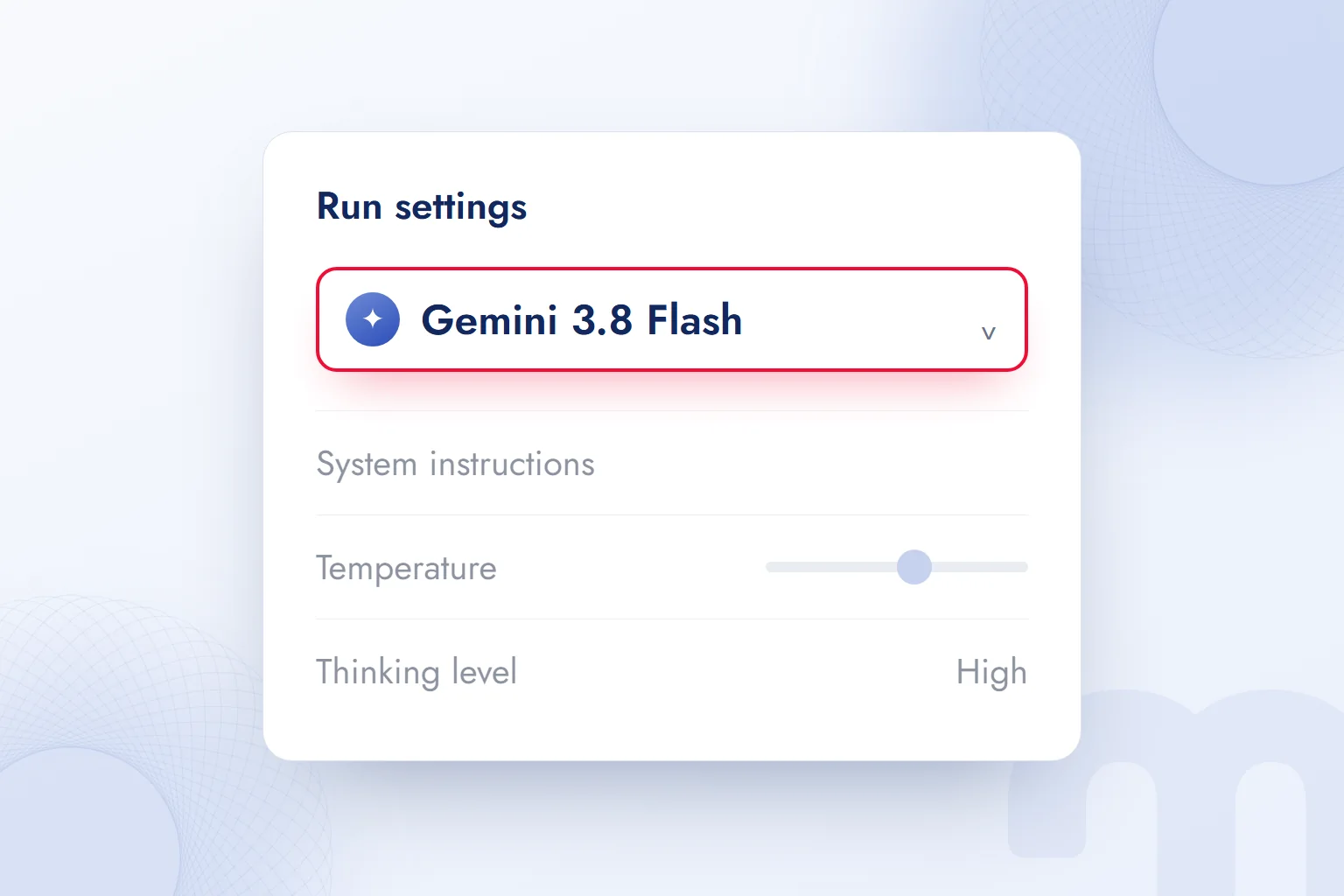 Google AI Studio’da Run settings paneli; model seçimi alanı vurgulu.