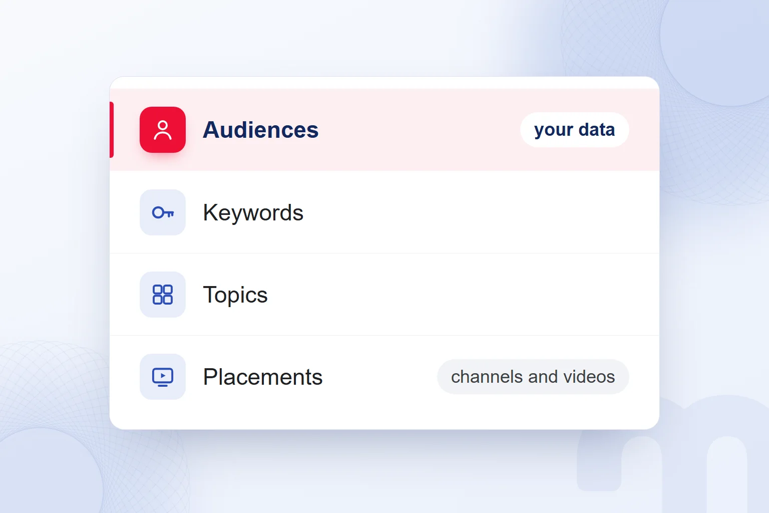 YouTube targeting by audience and by content, with the audience row highlighted.