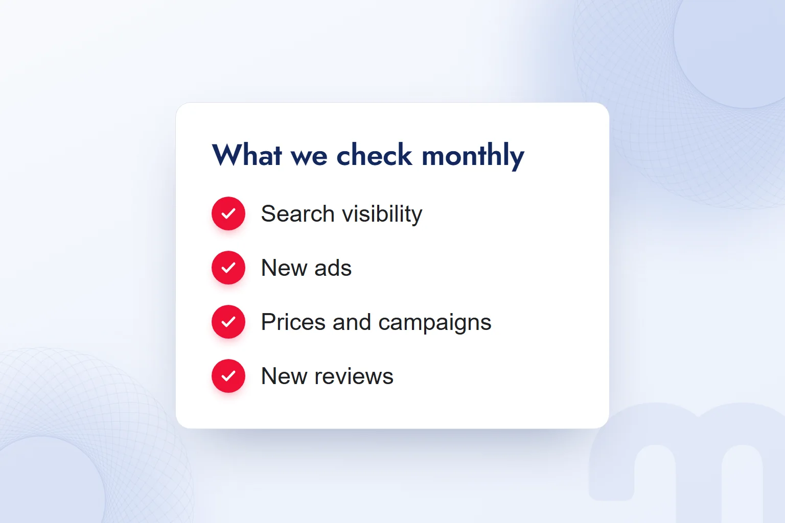 What we check every month: search visibility, new ads, prices and campaigns, and new reviews.