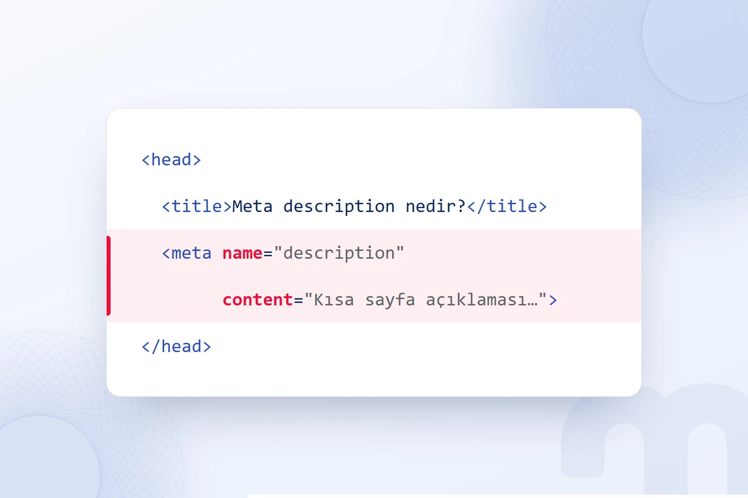 Meta description etiketi sayfanın head bölümünde; description satırı vurgulu.