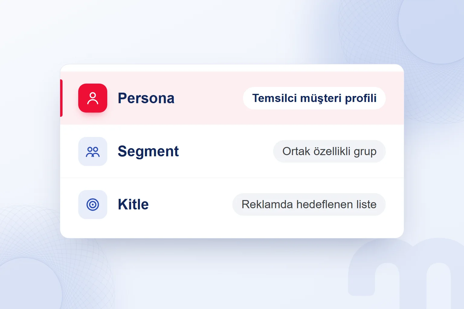 Persona, segment ve kitle farkı; persona satırı vurgulu.