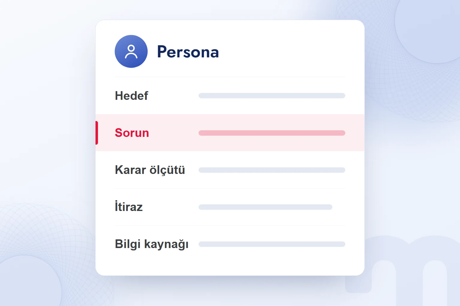 Tek sayfalık persona şablonu: hedef, sorun, karar ölçütü, itiraz, bilgi kaynağı.