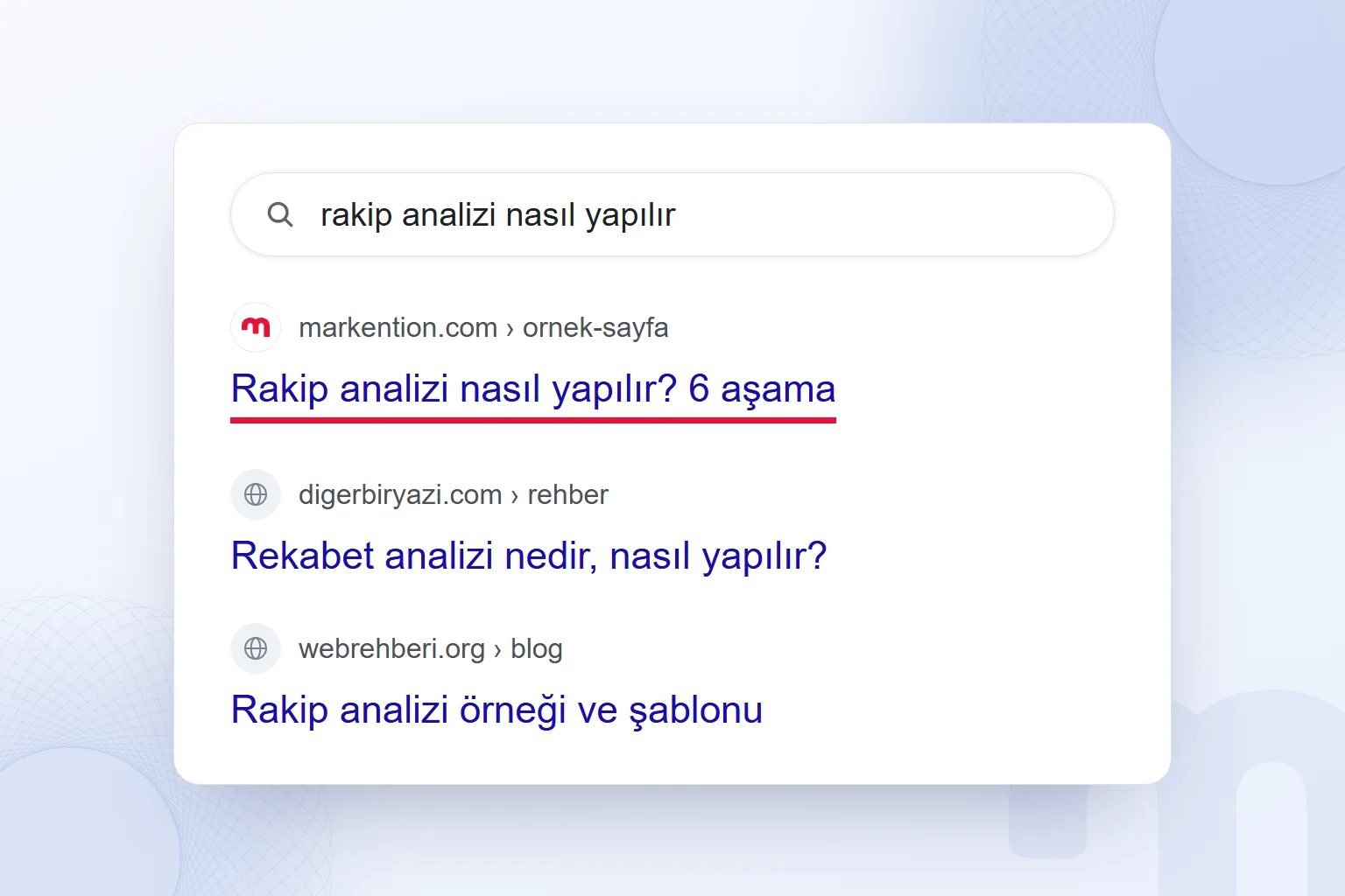 Arama rakibi: aynı sorguda ilk sayfada yarışan siteler; bizim sonucumuz vurgulu.